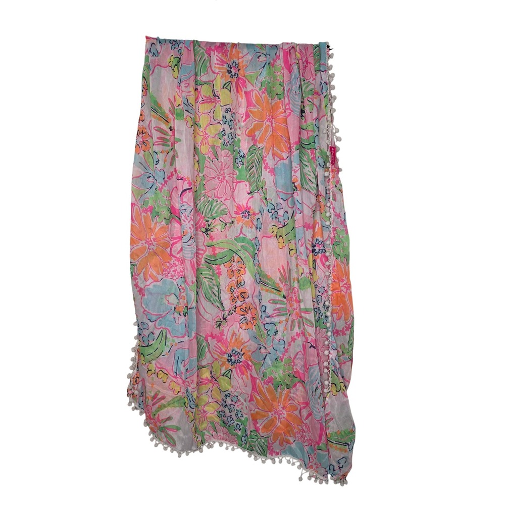 Lilly Pulitzer Sarong Women OS Pink Floral Pom Pom Trim Beach Cover Up Scarf